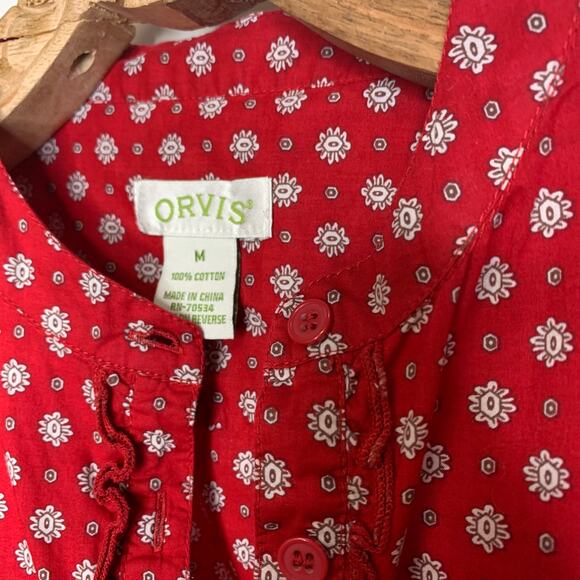 Orvis Red Ruffle Trim Button Up Shirt Sz Medium - Picture 4 of 4